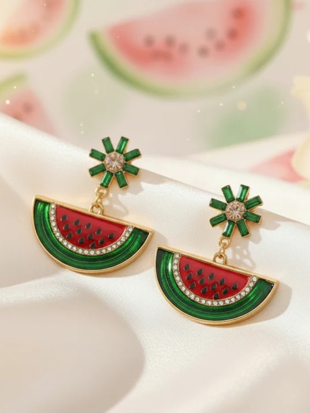 Gold-Tone Watermelon Drop Earrings with Green & Red Enamel